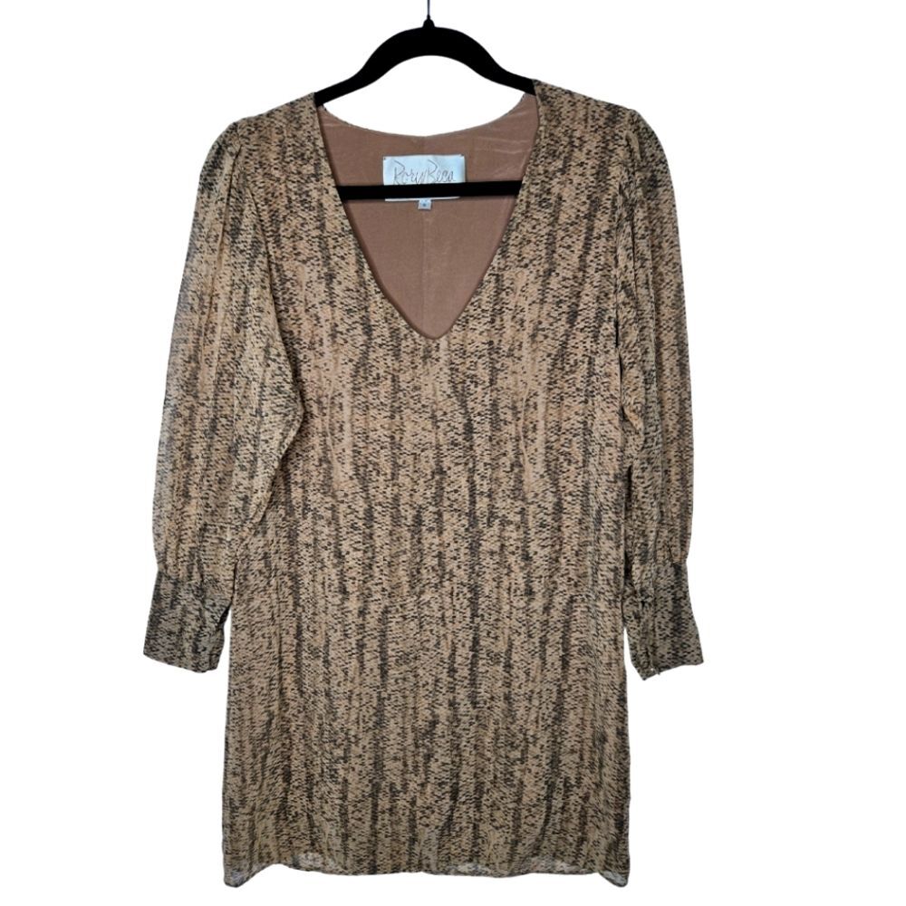 Rory Becca 100% Silk Snakeskin Shift Mini Dress Sheer Longsleeve Lined Size S